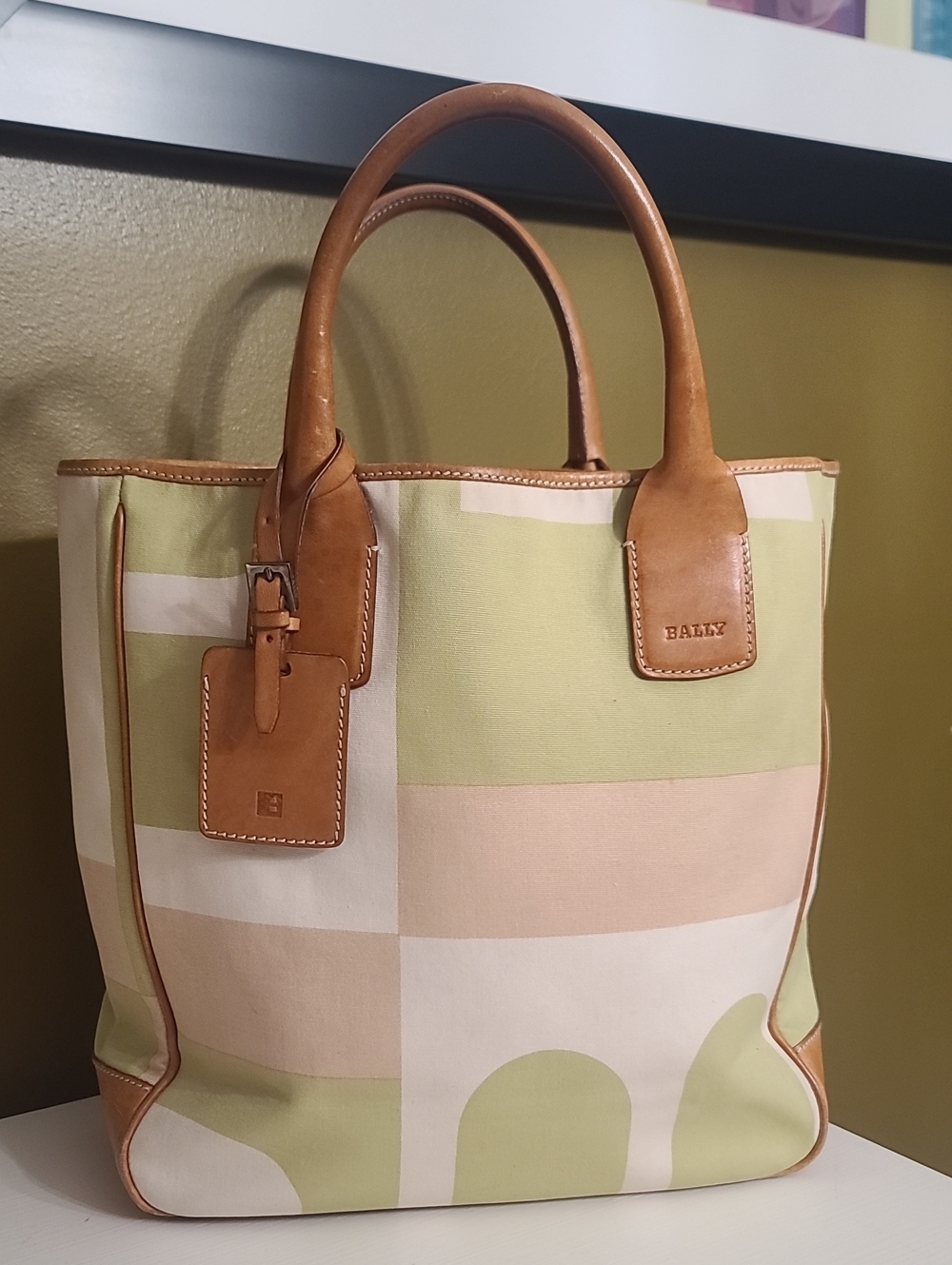 Bally Green & Cream Canvas Tote with Leather Trim